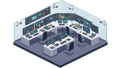 Poster - Modern control room with multiple display screens and security cameras in isometric view