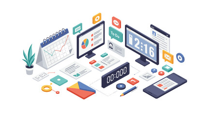 Poster - Isometric office tools and digital devices for task management and organization