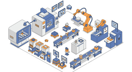 Poster - Isometric smart factory: automated robotics and conveyor systems in a modern industrial setting