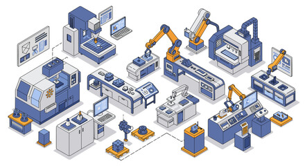 Poster - Advanced isometric smart factory with robotics and automation technology in a futuristic setting