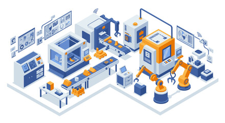 Poster - Modern isometric factory automation concept with robotics and conveyor systems