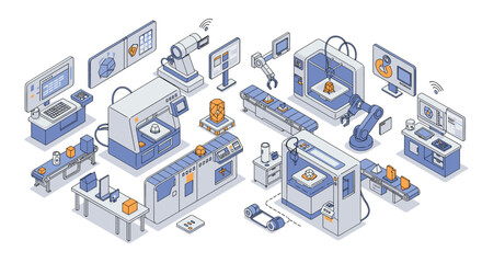 Poster - Isometric factory with advanced robotics and 3d printing in modern production line