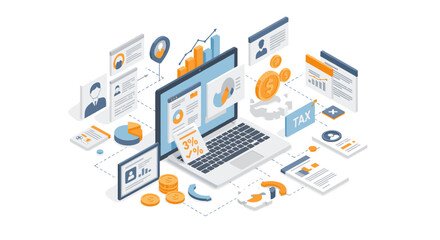 Poster - Financial data analysis with laptop and charts in isometric style