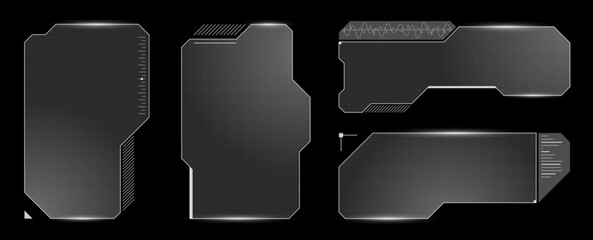 Leinwandbilder - Sleek virtual frame design with black and white digital HUD window. Cyber dashboard interface blends infographic elements with holographic sci fi layout in modern style.