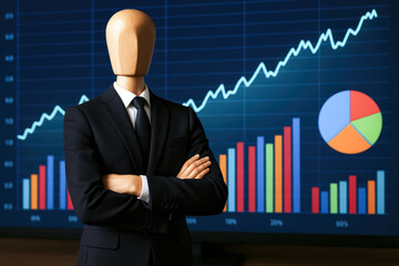 Poster - Confidence and strategy drive growth as a business figure stands firmly before dynamic charts showing upward progress