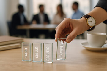 Poster - A person carefully sets a glass block labeled leadership after trust skills and results symbolizing core business values