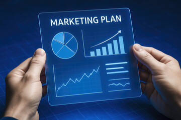 Poster - A translucent digital interface highlights the strategy and progress behind a marketing plan showcasing data trends and growth insights