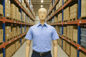 Poster - Efficient organization and management drive inventory control as a symbolic mannequin represents structured business processes in a warehouse