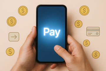 Poster - A smartphone screen illuminated with a payment prompt highlights digital transaction processes amidst symbolic currency icons representing the convenience and innovation mobile financial services
