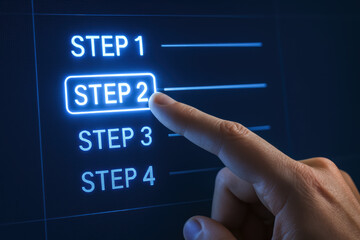 Poster - A digital interface highlights progression as an index selects the current step symbolizing advancement and focus in workflow management