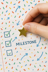 Poster - Achieving key milestones is highlighted by placing a star sticker on a checklist symbolizing progress and success in a business setting surrounded by celebratory confetti and arrows