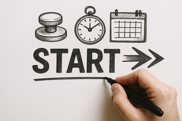 Poster - A draws bold symbols including a clock calendar and push button to represent time management and initiative in business strategy