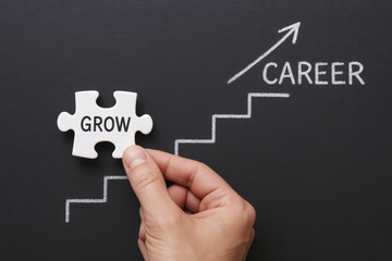 Poster - A person contributes a puzzle piece labeled grow to a chalkboard diagram representing upward career development and progress