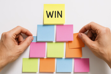Poster - Building a strategy step by step the carefully arranged colorful notes lead to success as a clear goal