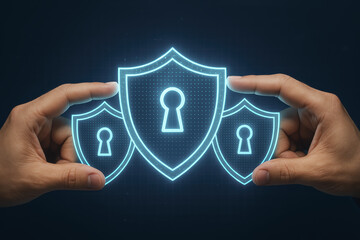 Poster - Hands aligning holographic shields symbolize advanced data security and protective measures crucial for safeguarding digital assets in business environments