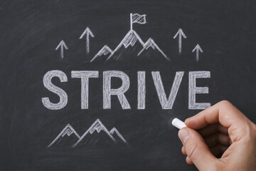 Poster - The concept ambition is depicted through upward arrows and mountain peaks symbolizing progress and determination to reach business goals