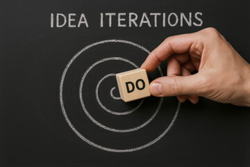 Poster - A places a block labeled with action onto a spiraling target drawn on a chalkboard symbolizing focused progress through repeated development cycles in business strategy
