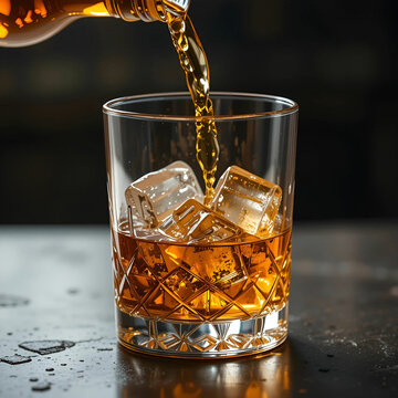 Whiskey elegantly poured into a crystal glass with ice, capturing the golden liquids smooth flow.