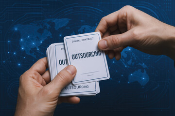 Poster - Strategic decision-making is illustrated by hands selecting digital contract cards labeled outsourcing against a global technology network