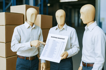 Poster - Collaboration and communication drive efficient logistics as wooden figures review a detailed shipping manifest in a warehouse setting