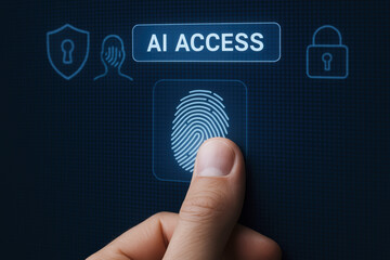 Poster - Secure digital authentication utilizes biometric fingerprint recognition to enable controlled AI access within advanced technology systems