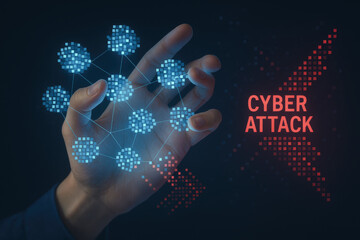 Poster - A close-up a manipulating holographic data clusters illustrates the underlying patterns behind cyber attack detection and prevention strategies within digital security