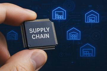 Poster - A holding a microchip highlights connectivity and efficiency in digital supply chain management for modern business