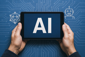 Poster - Harnessing artificial intelligence on a digital device symbolizes innovation technology and automation advancing modern business strategies