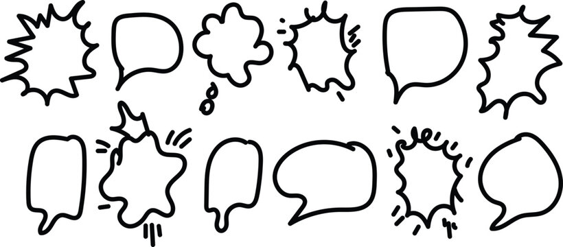 Hand drawn speech bubble icon set doodle style vector illustration for comic and chat designs, speech bubbles in doodle style. Perfect for comics, chat designs, social media graphics, and UI templates