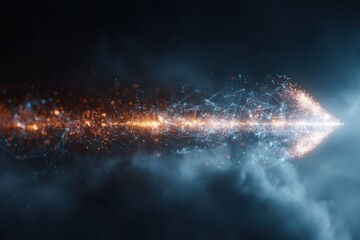 Poster - Glowing arrow, formed of particles and lines, pierces through dark, cloudy background