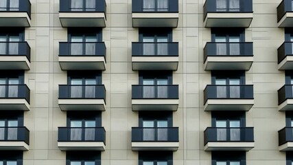 Poster - Modern building displays an intriguing pattern of balconies and windows, emphasizing clean lines and geometric shapes in architecture