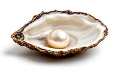 realistic oyster shell half open revealing a perfect pearl, isolated on white background for product use
