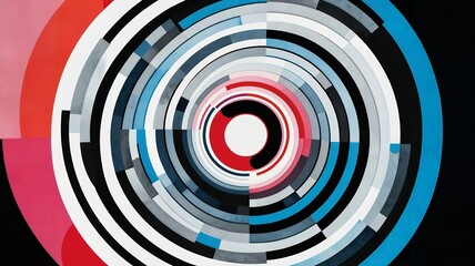 Poster - Geometric abstraction featuring concentric circles with bold red, black, blue, and white colors.