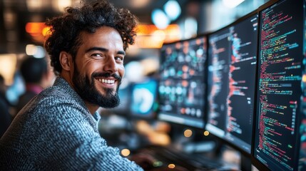 Smiling Programmer with Curly Hair at Computer Setup in Office Space