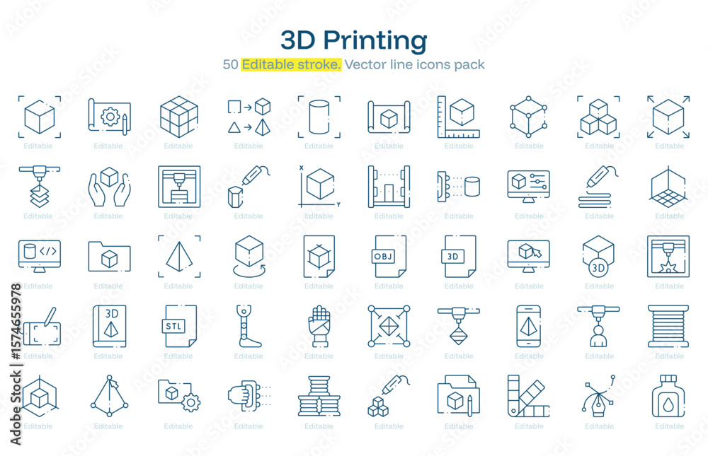 Vetor 3D Printing line icon pack. 3D Printing Stroke icon set. Editable ...