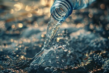 Poster - Stream of clean water pouring from plastic bottle into a river with golden sunset bokeh in background