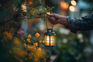 Wall Mural - Gardener hanging a luminous lantern on a tree branch at twilight