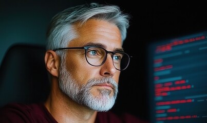 Man looking at computer screen with code, possibly using ai for Stock analysis or programming