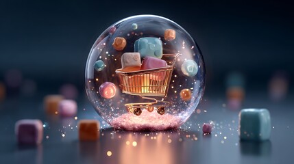 Aufkleber - Enchanting online shopping concept, a gold shopping cart inside a shimmering glass orb