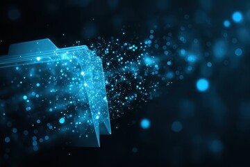 Poster - Open folder emitting glowing, sparkling particles against a blurred black background