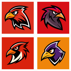 Poster - Illustration showcasing four distinct bird head logos with varied color schemes and unique design elements present