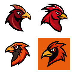 Poster - Illustration of four cardinal bird head designs in different color schemes and backgrounds shown together