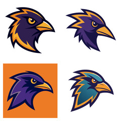 Poster - Collection of four stylized bird head logos with sharp features and vibrant color schemes present here