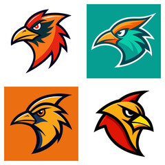 Poster - Four stylized bird head logos in different color schemes against square backgrounds in a grid layout