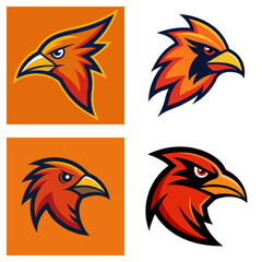 Poster - Four cartoon bird head logos with orange red and dark accents in a square and plain background