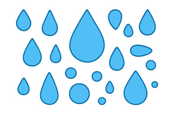 Fototapete - Collection of blue water droplets and shapes on a plain background illustrating various forms and sizes in a simplistic design