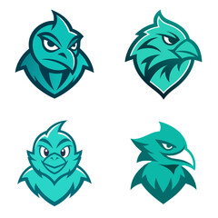 Poster - Illustration featuring four different stylized bird heads in shades of teal against a white background