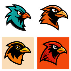 Poster - Collection of four stylized bird head logos in different color schemes and background variations shown