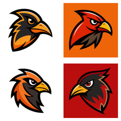Poster - Illustration showcasing four stylized bird head designs with varied color schemes and background shapes present