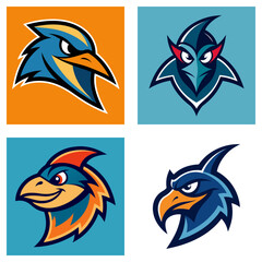 Poster - Four square panels showcasing stylized bird head logos with varying colors and expressions shown clearly